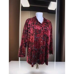 Avenue Blouse 26/28 Burgundy Velvet Burnout Floral Button Up Long Sleeve Holiday